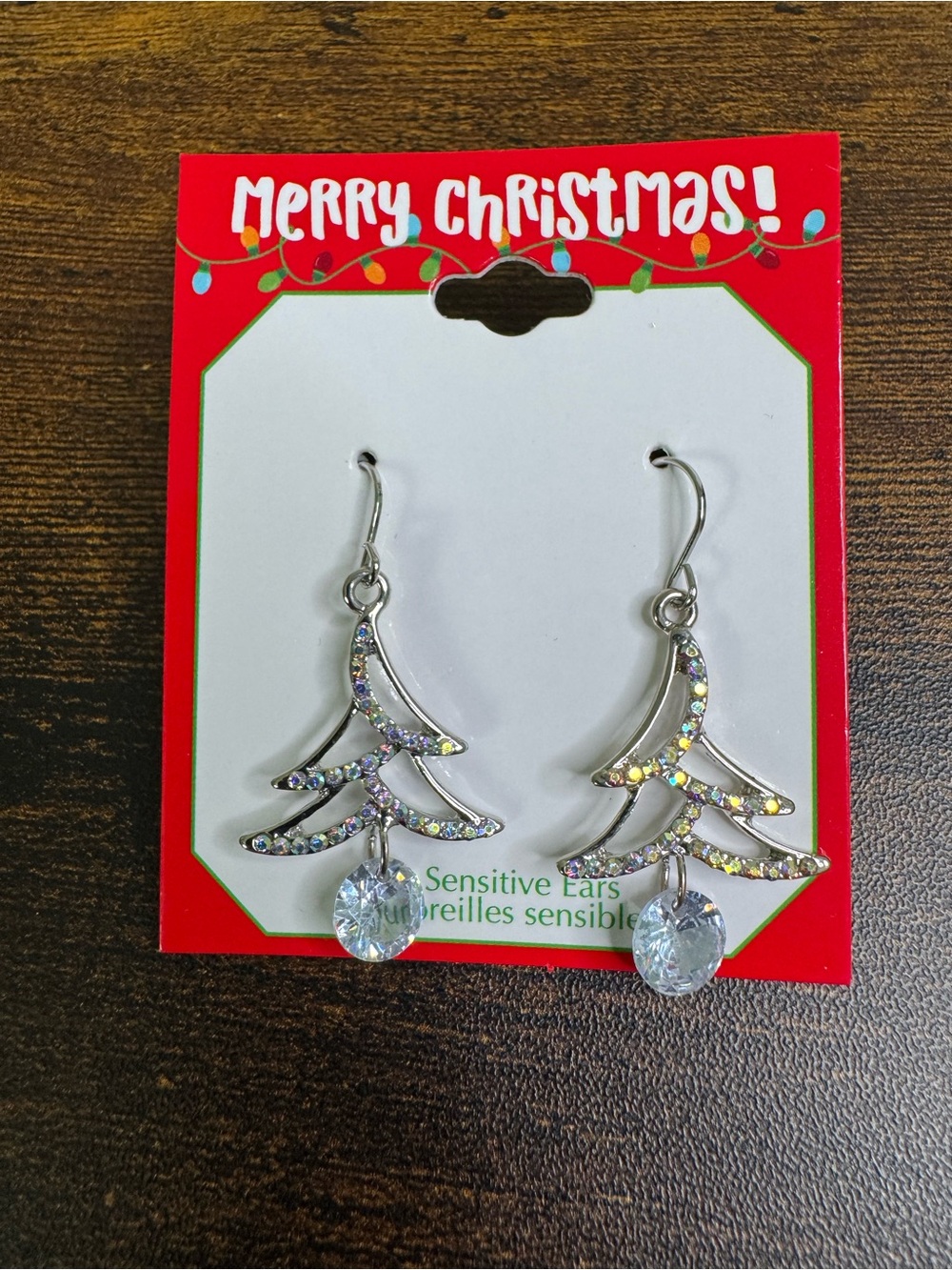 💚4/$20 Holiday Silver Christmas Tree Drop Earrings with Clear Crystals